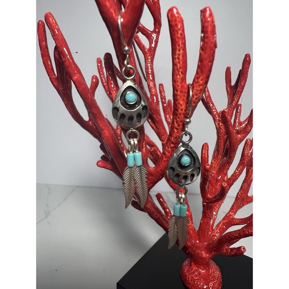 Bear Paw Design sterling silver 925 turquoise  feather Charms drop earrings VTG